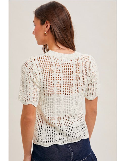 Floral Embroidered Button Down Knit Top in Cream