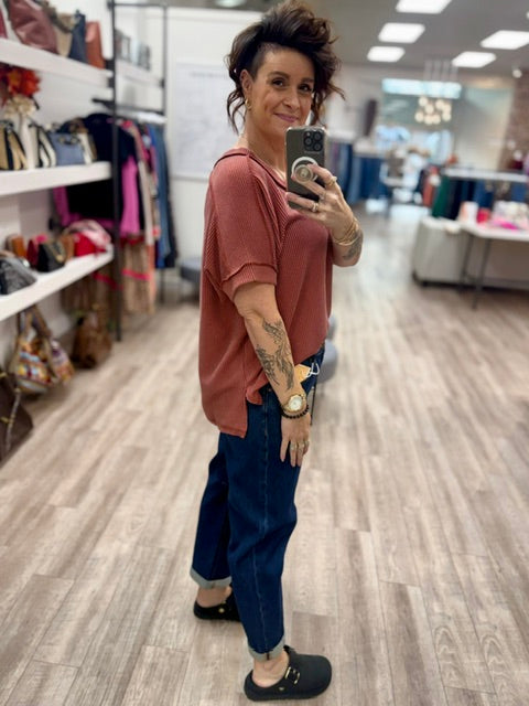 Cozy Classic V-neck Tee in Rust