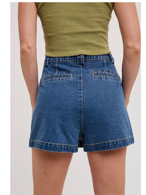 Front Pleated Denim Skort in Medium Wash