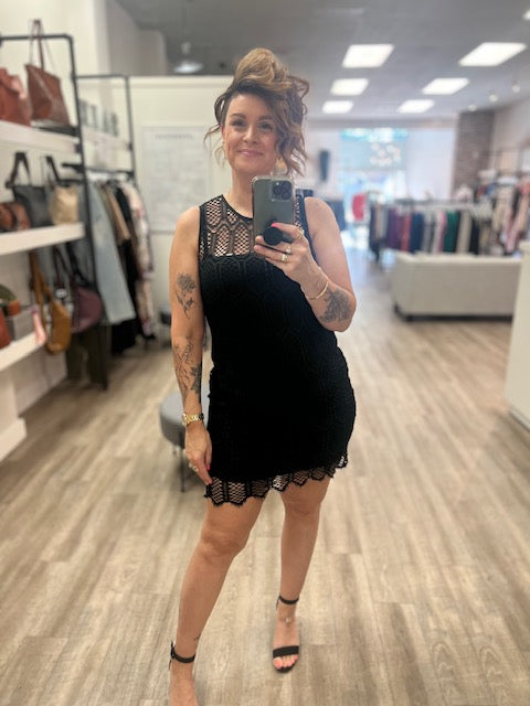 Black Lace Round Neck Tank Mini Dress