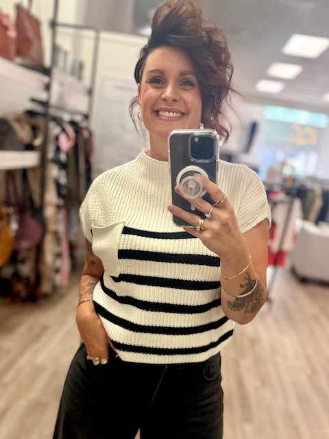 Short Sleeve Stripe Sweater in Ivory
