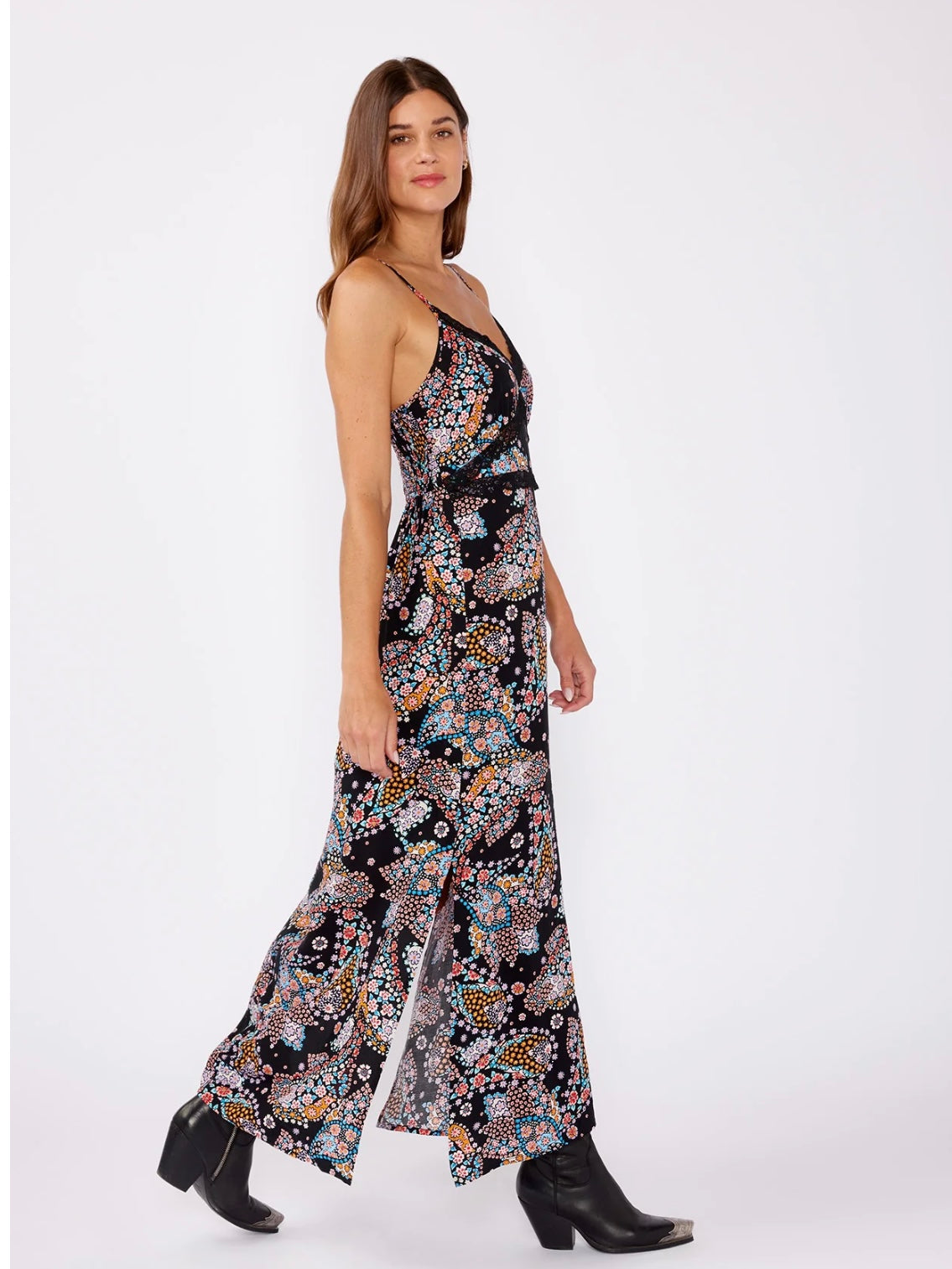 Floral Spaghetti Strap Lace Trim Maxi Dress in Black/Light Blue
