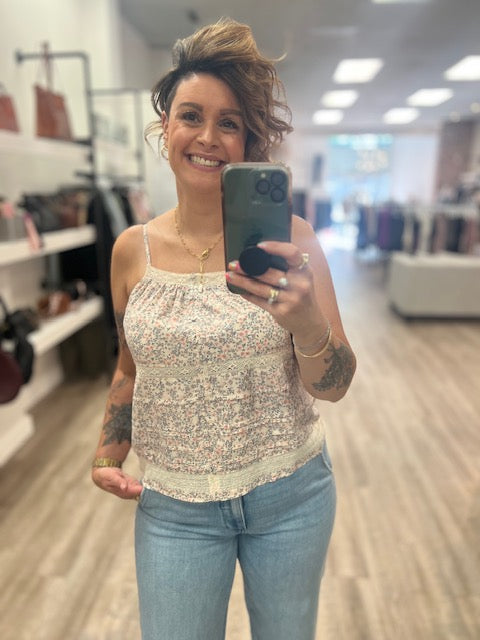 Lace Trimmed Button Down Floral Spaghetti Tank in Natural/Pink