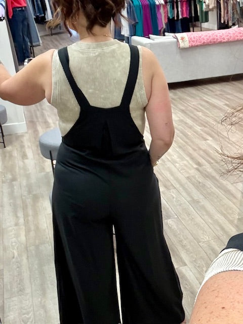 Linen Wide Leg Overalls in Black