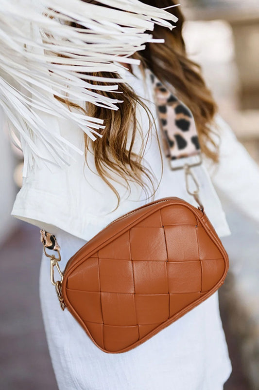 Leopard Strap Crossbody Shoulder Bag in Black and Camel