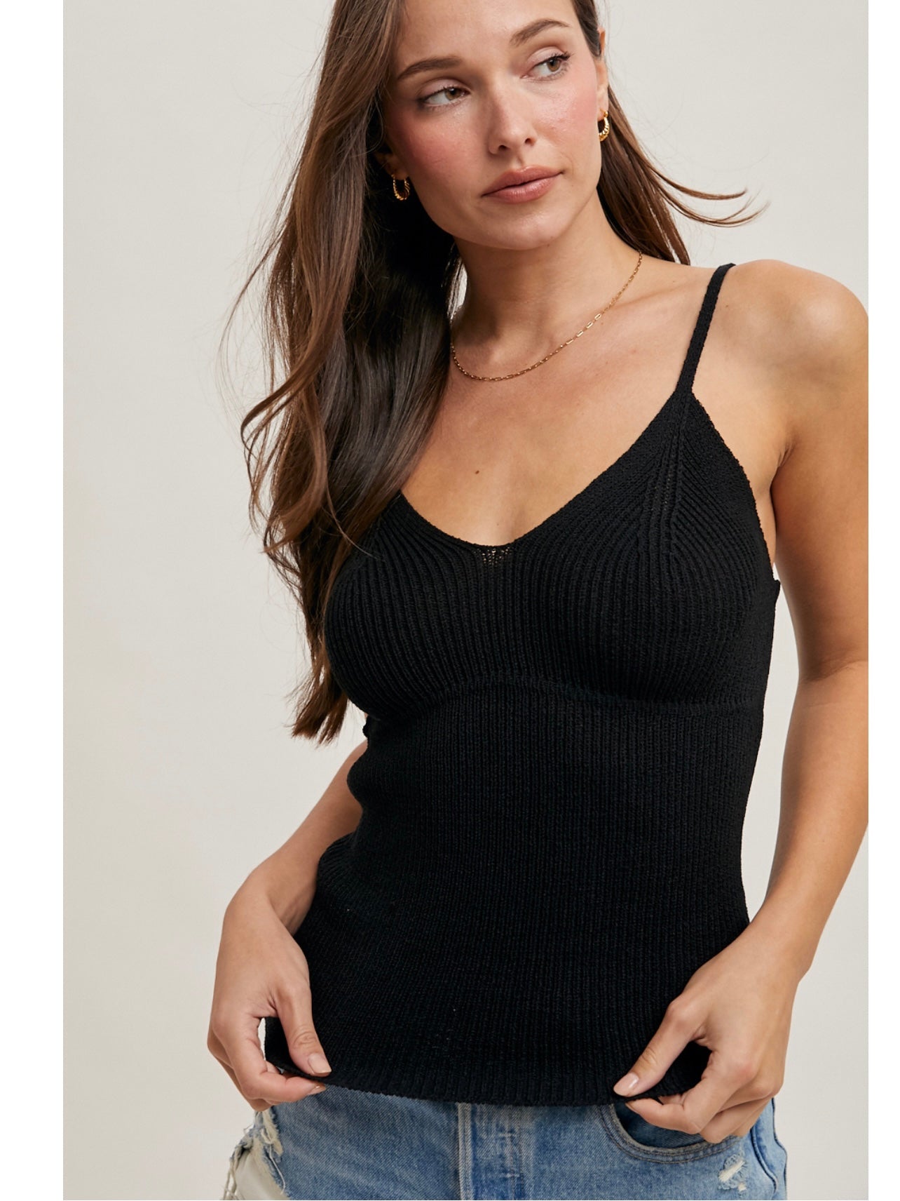 V-Neck Ribbed Knit Tank Top in Black