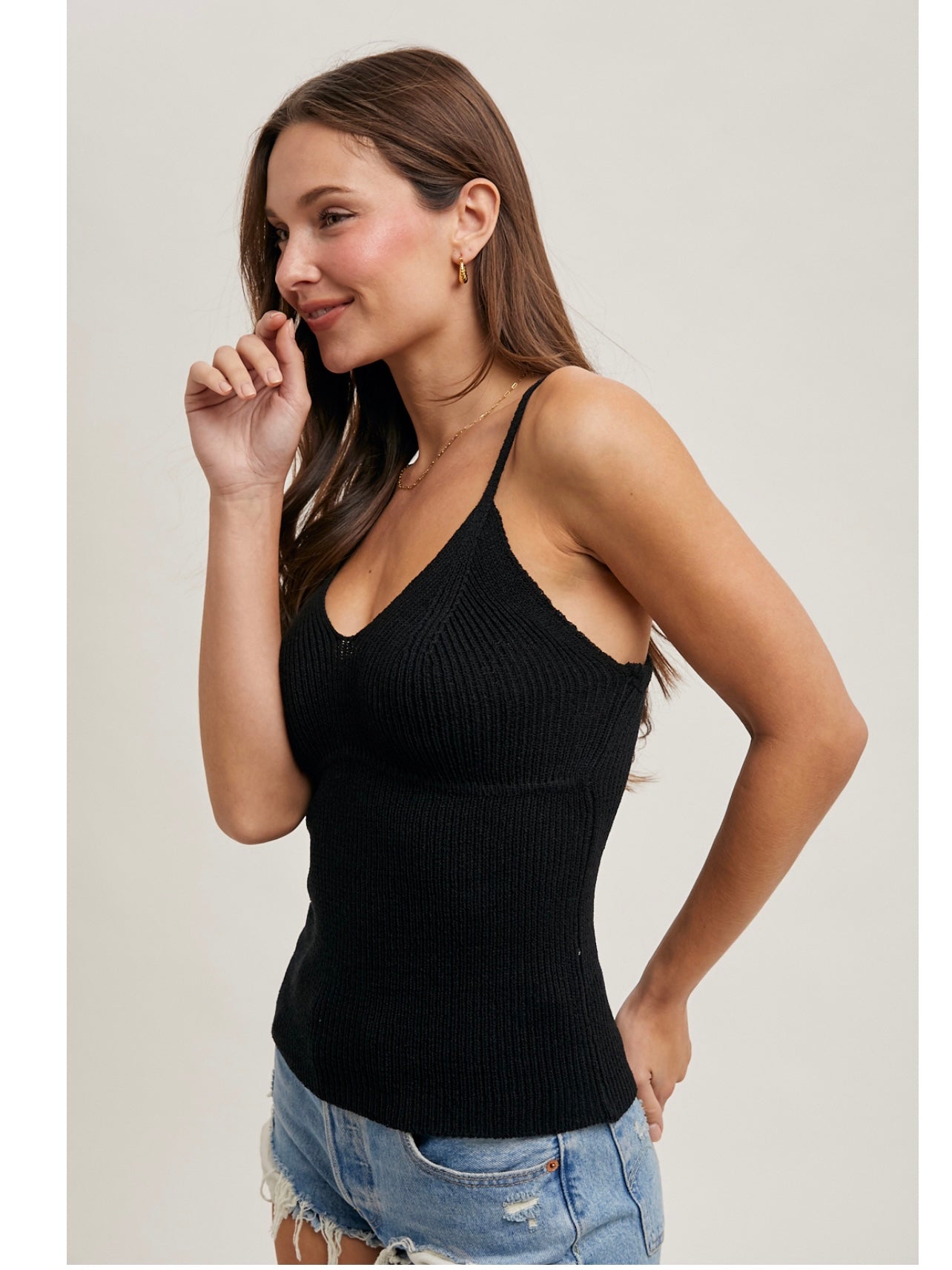 V-Neck Ribbed Knit Tank Top in Black