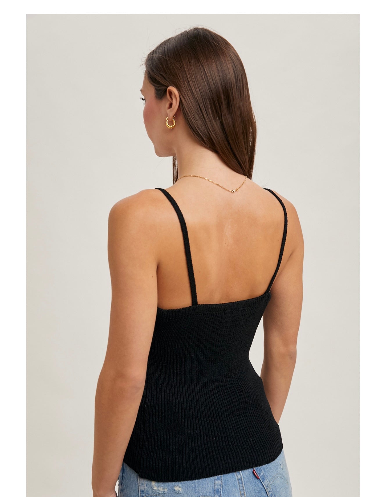 V-Neck Ribbed Knit Tank Top in Black