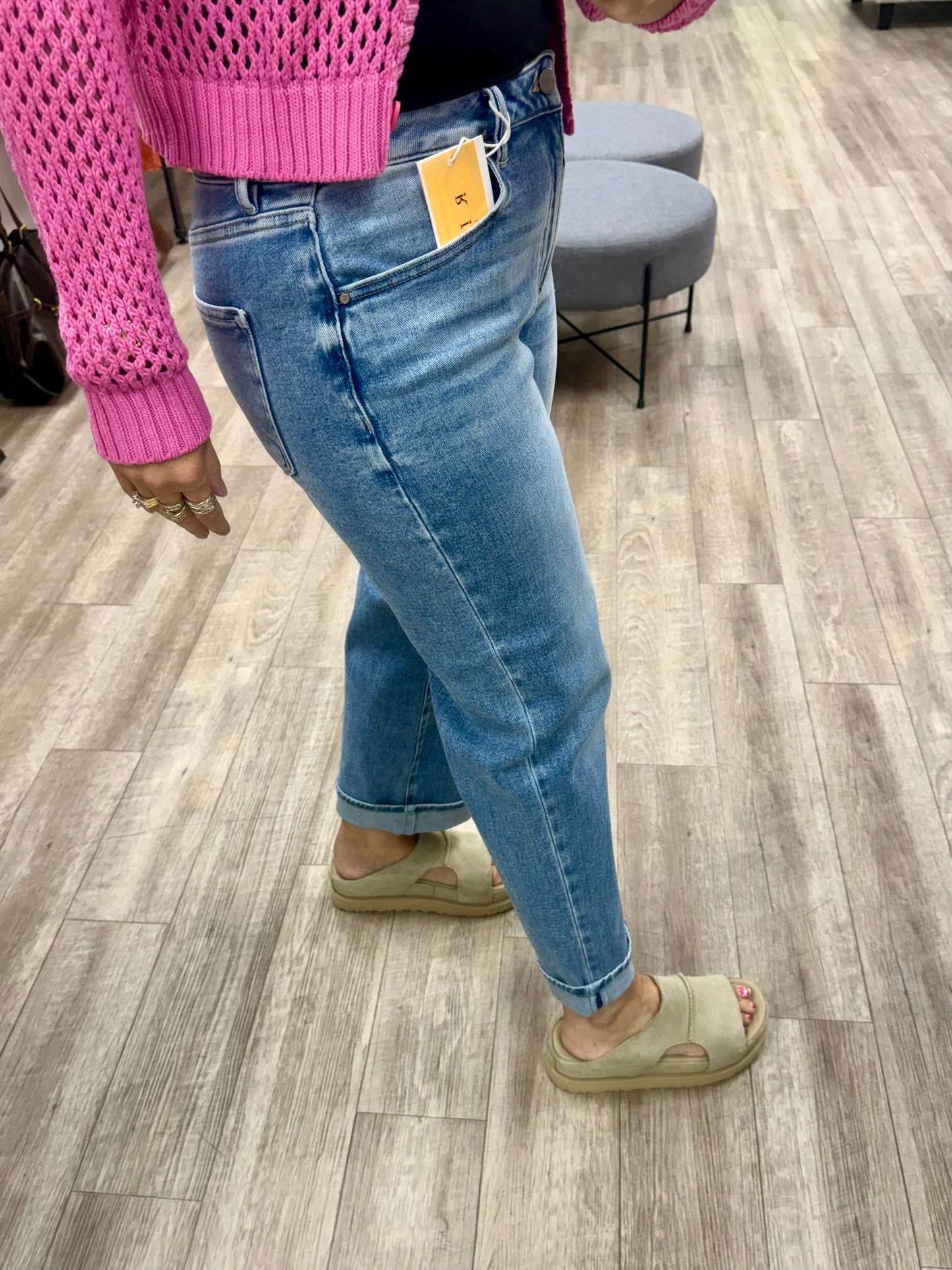 Risen High Rise Ankle Boyfriend Turn Up Cuffed Jeans in Light Colour