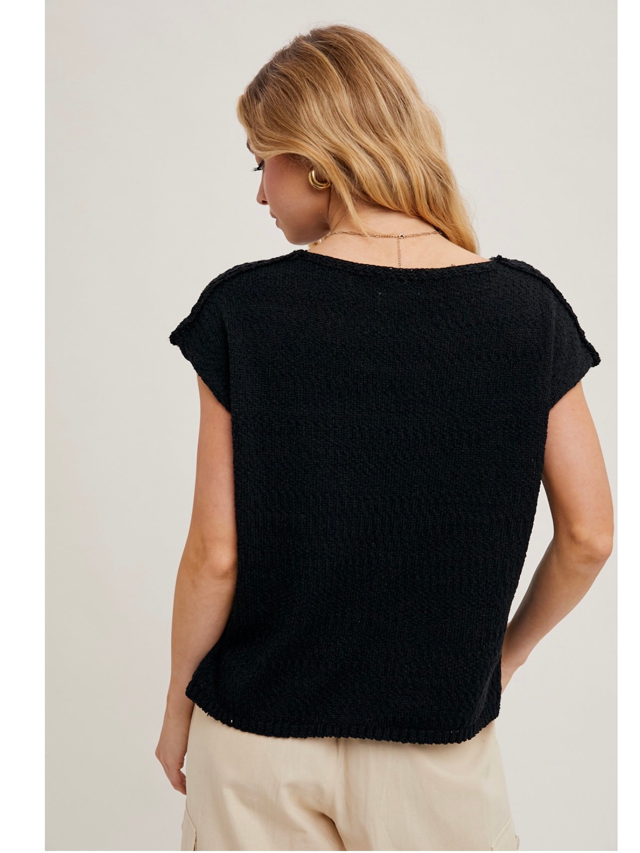 Sweater Knit Split-neck Top in Black