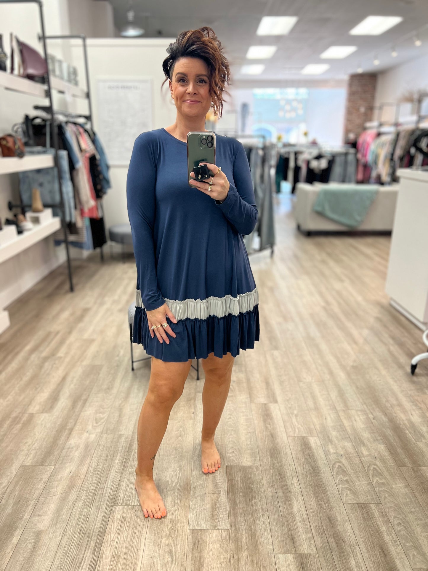 Ruffle Bottom Dress in Blueberry