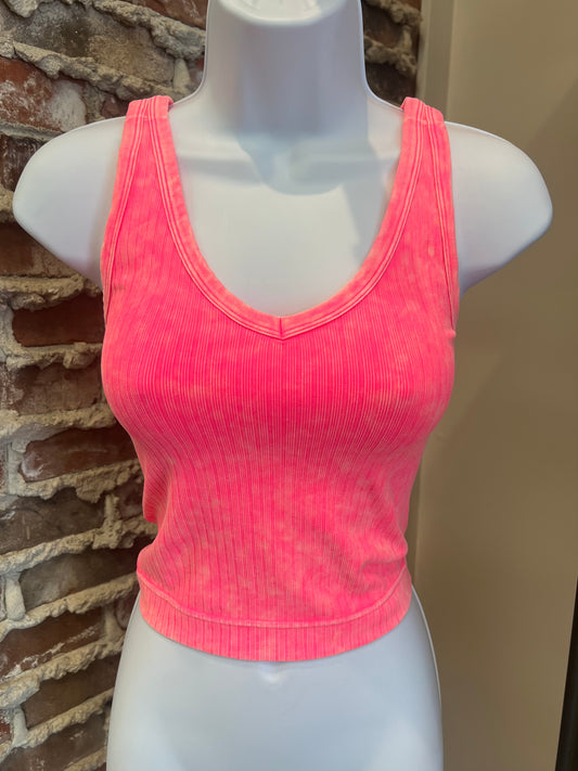 Washed Ribbed Cropped V-Neck Tank Top in Neon Coral