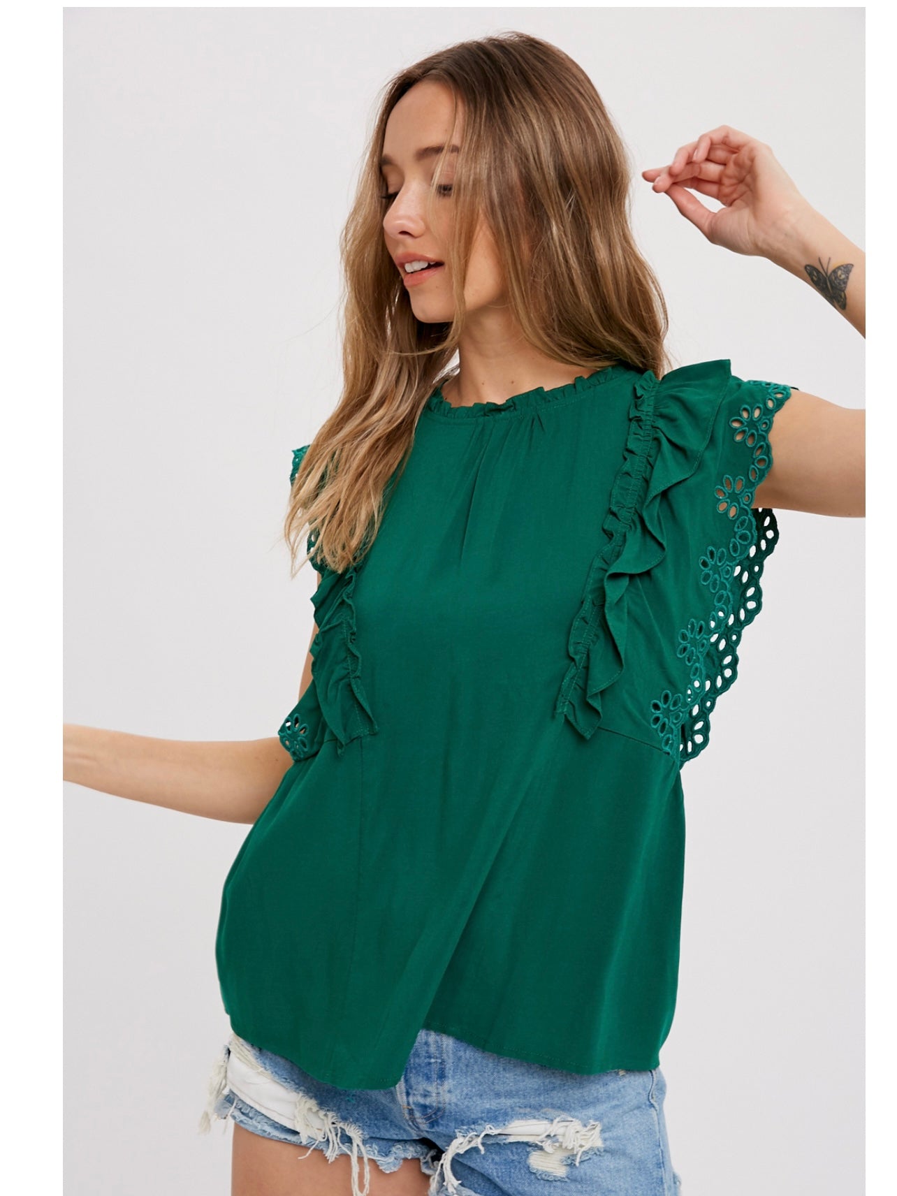 Ruffled Eyelet Lace Blouse in Forest