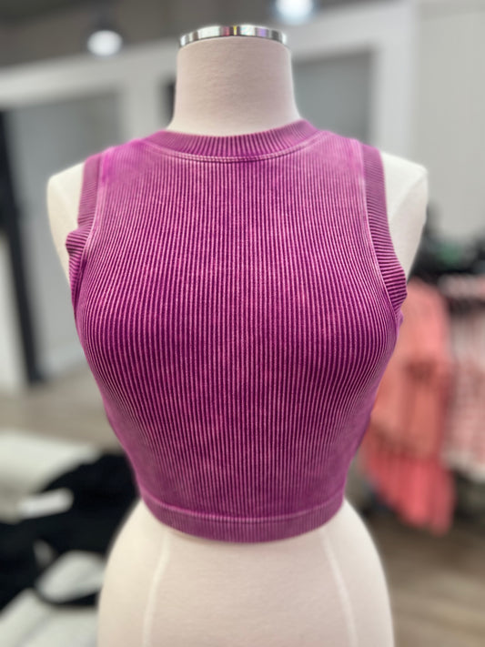 Stone Washed Ribbed Seamless Crop Top with Bra Pads in Light Plum