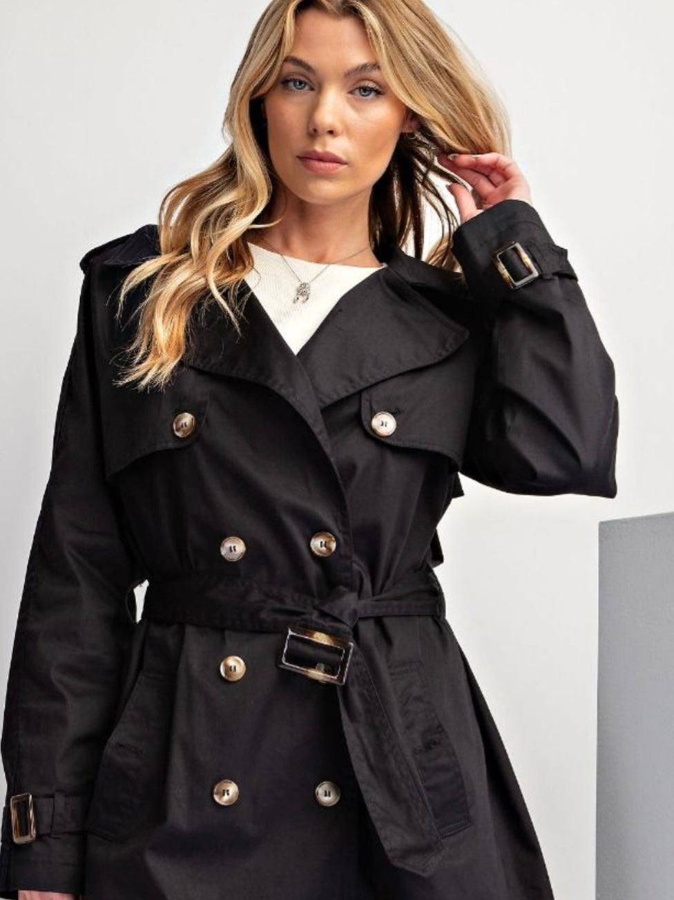 Belted Waist Classic Trench Coat in Black