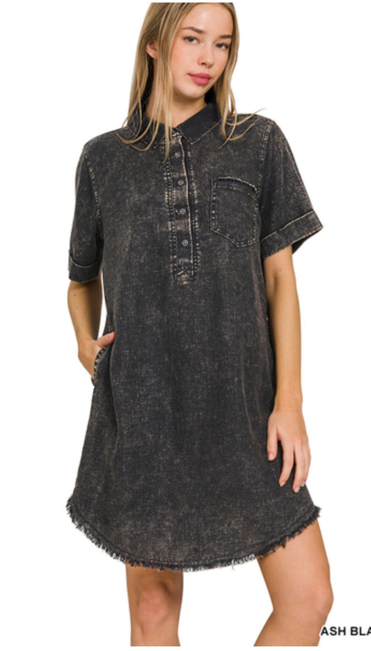 Washed Linen Raw Edge Button Down V-Neck Dress in Ash Black