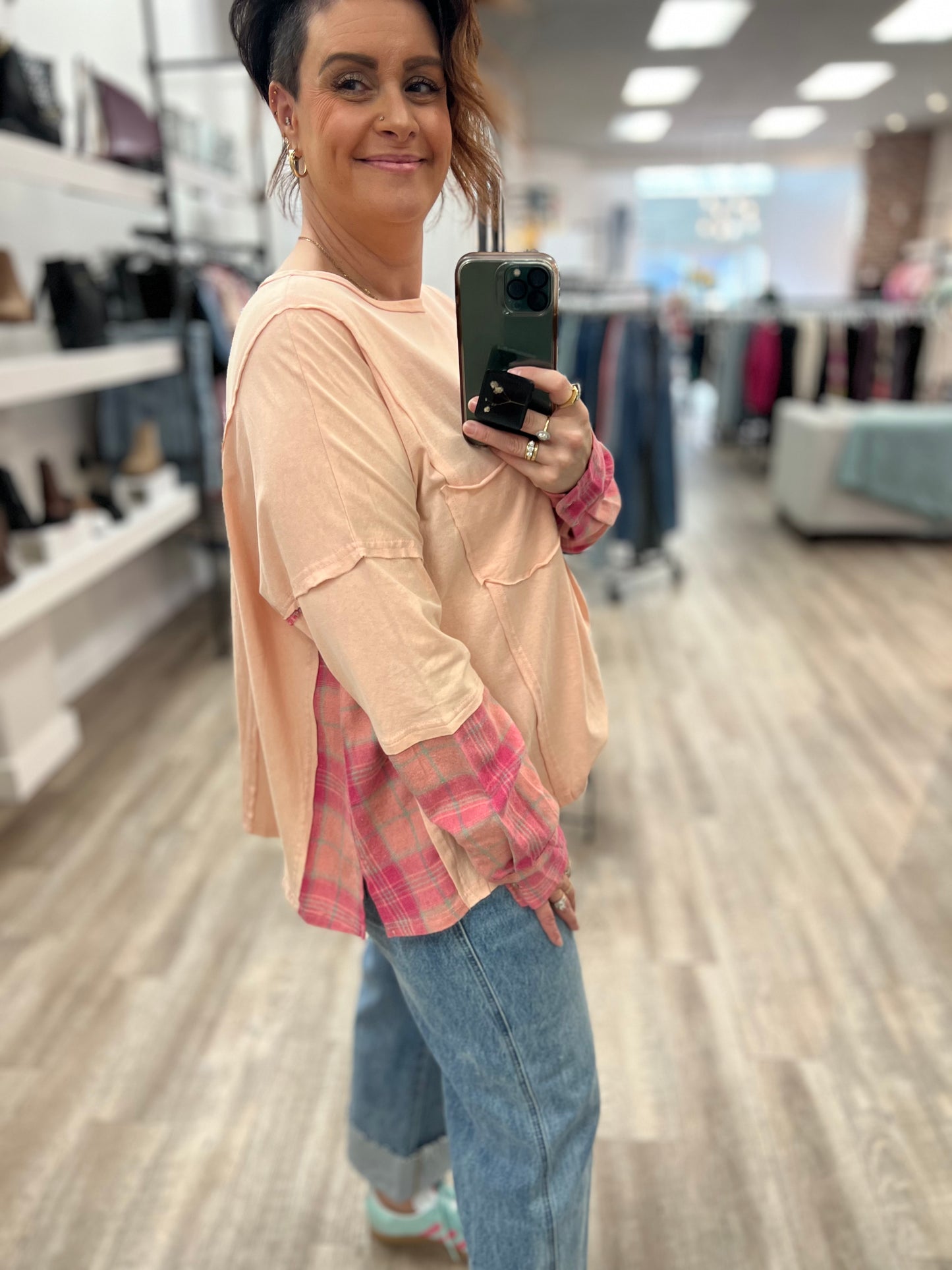 Oversized Plaid Shirt in Pink Peach