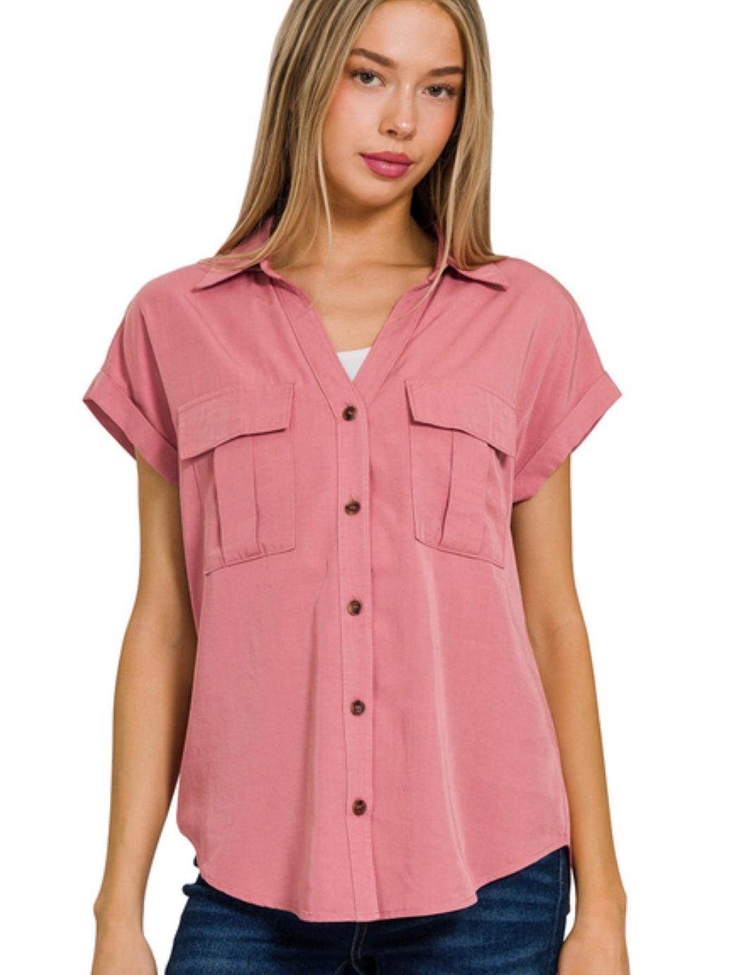 Tencel V-neck Collared Top with Front Flap Pockets in Dusty Rose