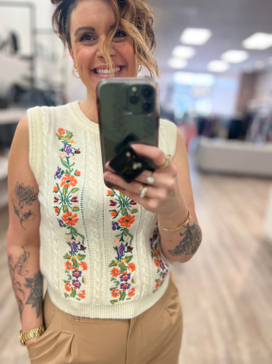 Embroidered Sleeveless Knit Tank Top in Cream