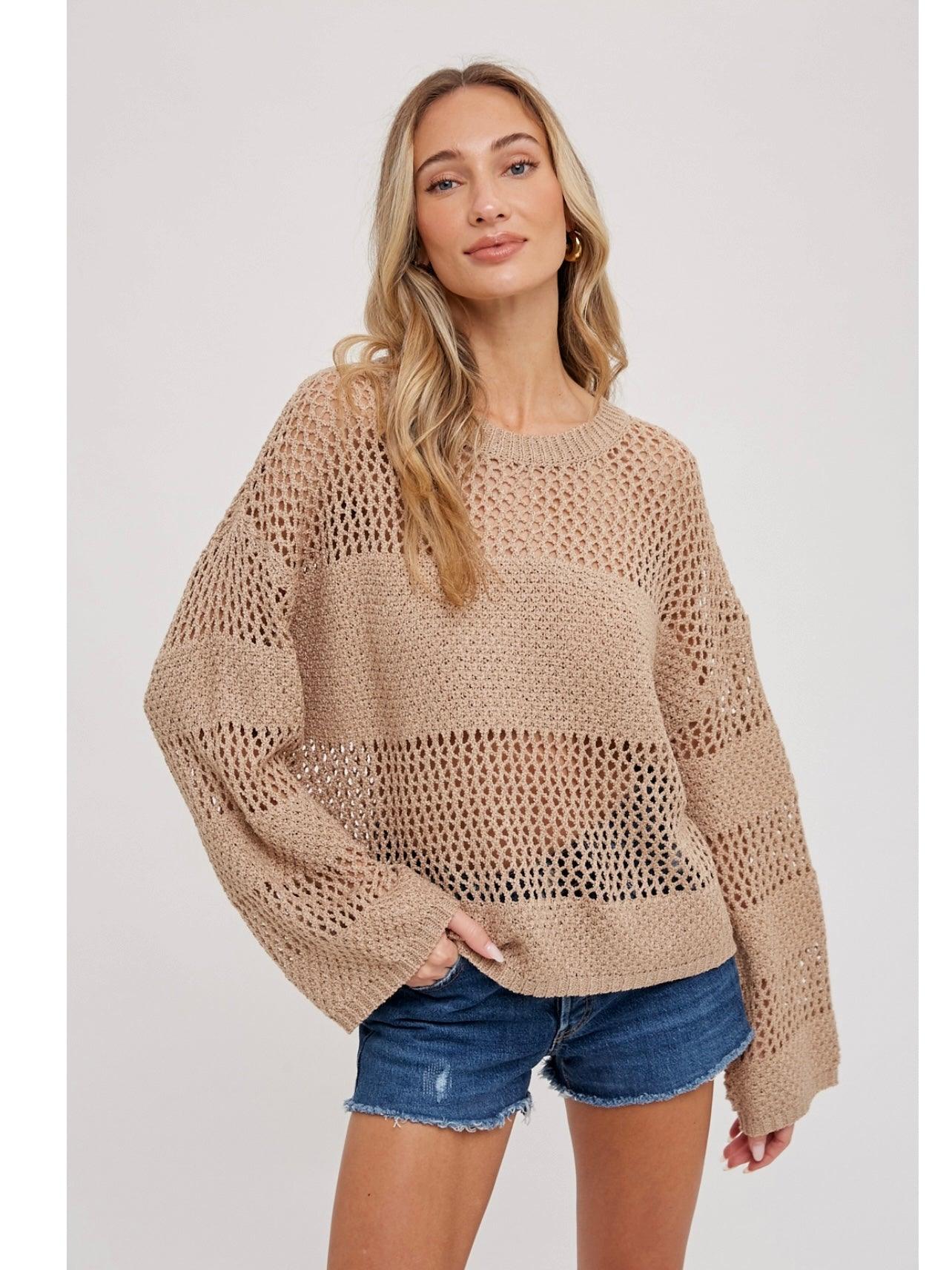 Open Knit Sweater Pullover in Taupe