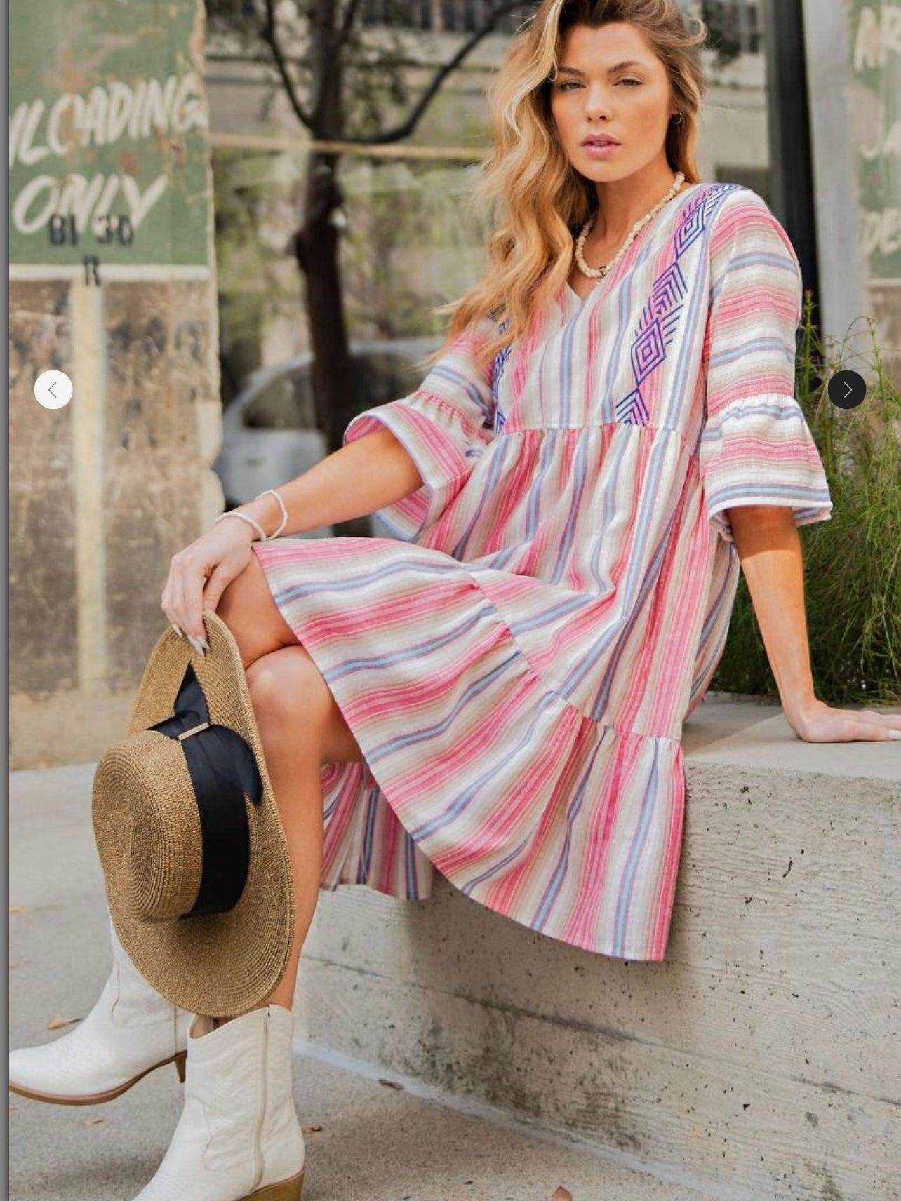 Striped Polly Linen Ruffle Bottom Dress