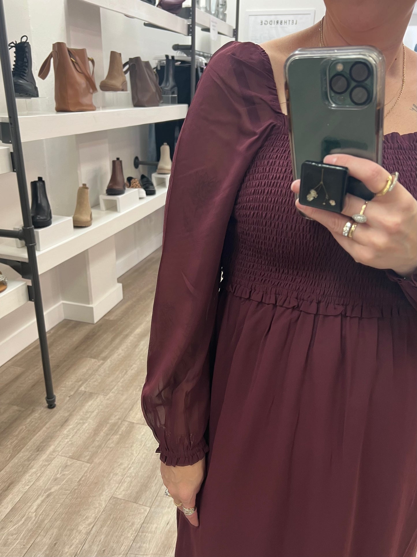 Harper Smocked Maxi Dress in Burgundy