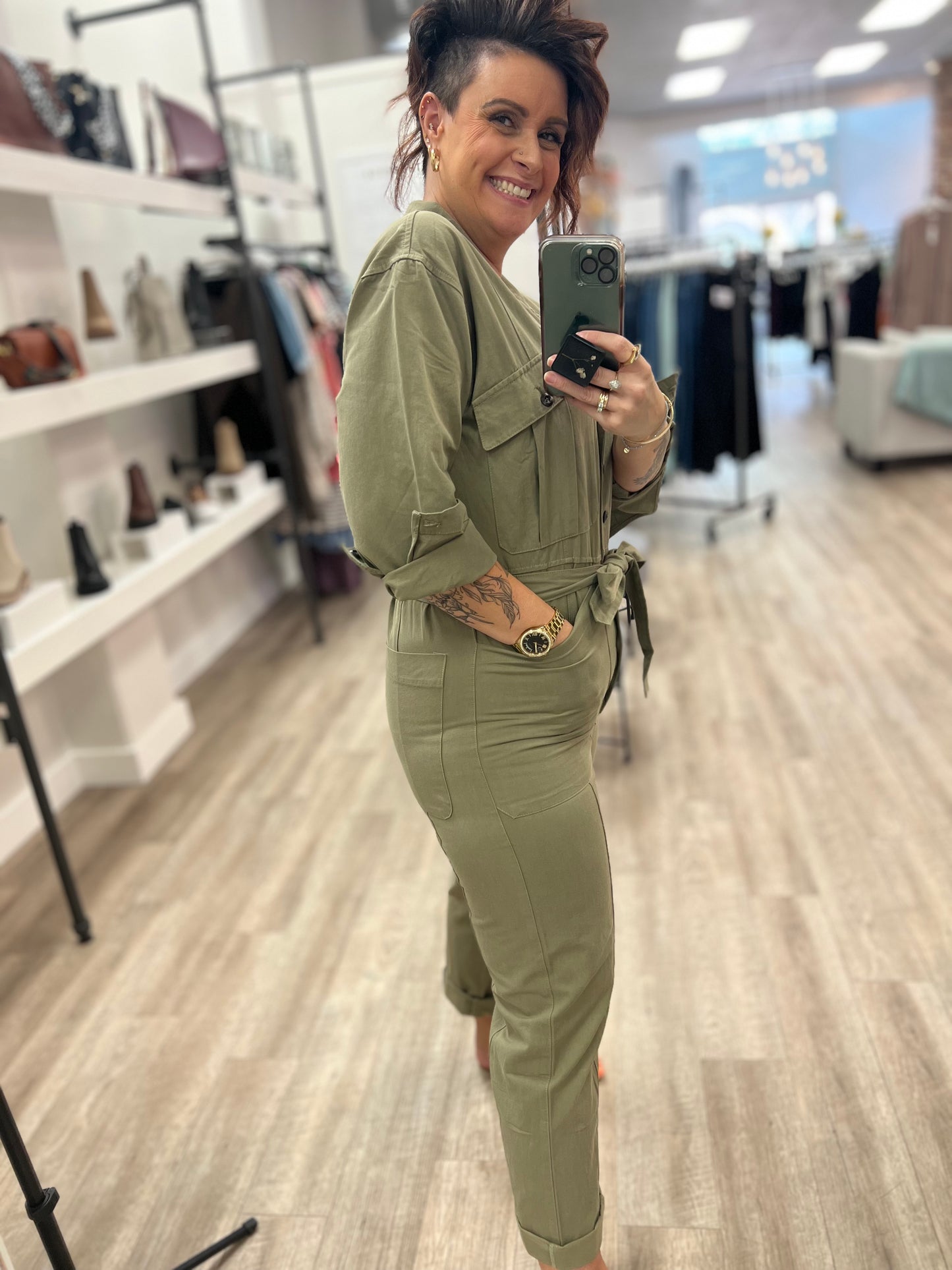 Button Down Jumpsuit in Faded Olive