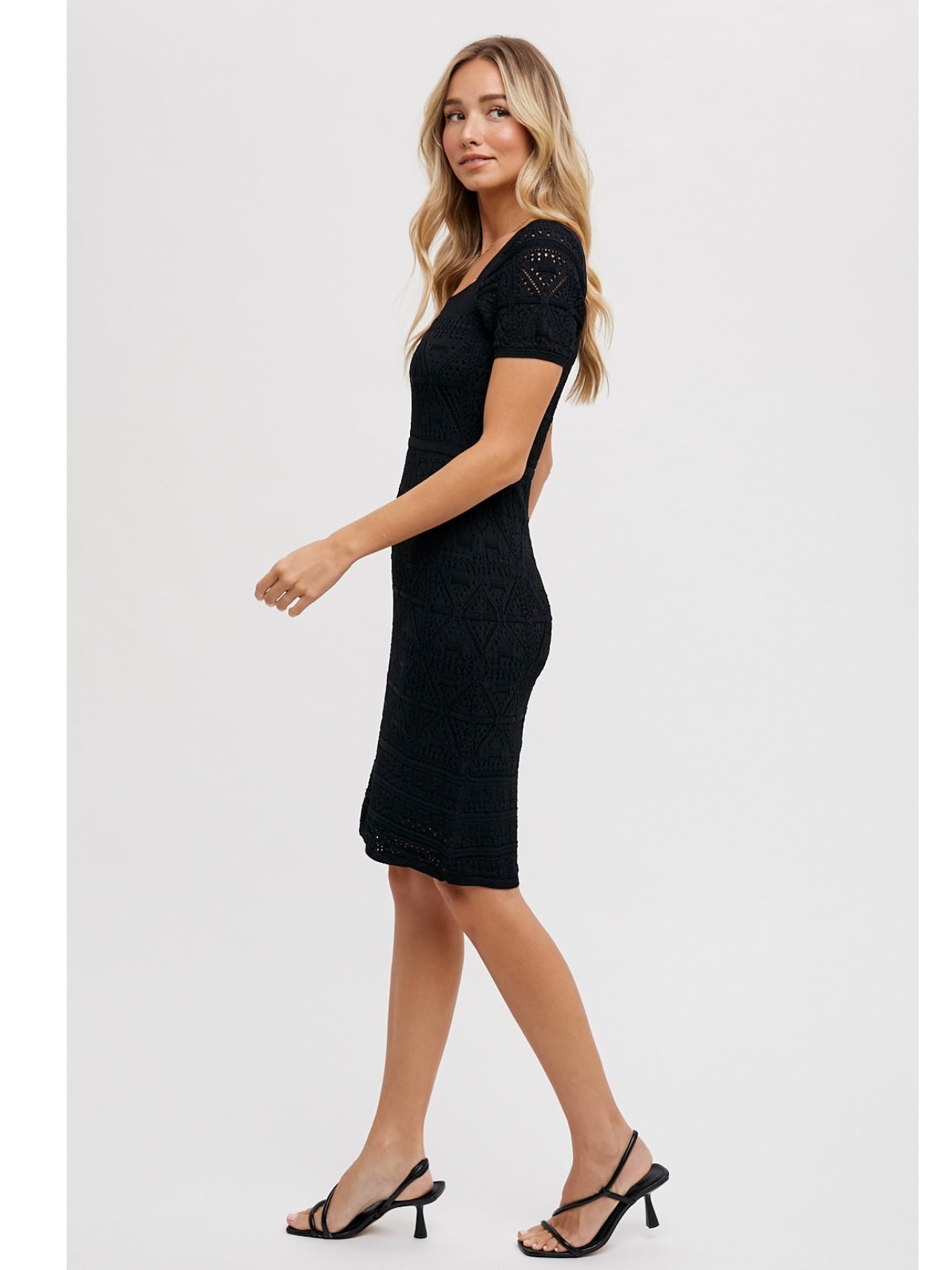 Eyelet Knit Square Neck Dress in Black