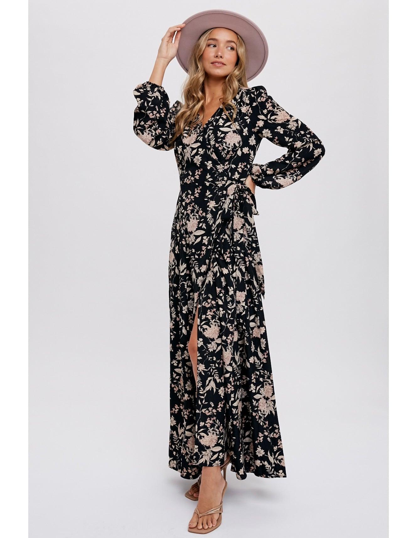 Floral Print Wrap Maxi Dress in Black