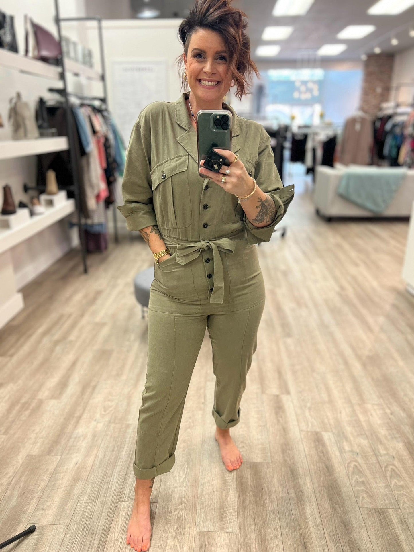 Button Down Jumpsuit in Faded Olive