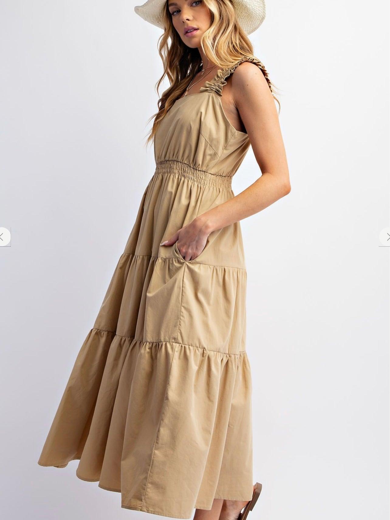 Ruffle Strap Cotton Poplin Tiered Maxi Dress in Khaki