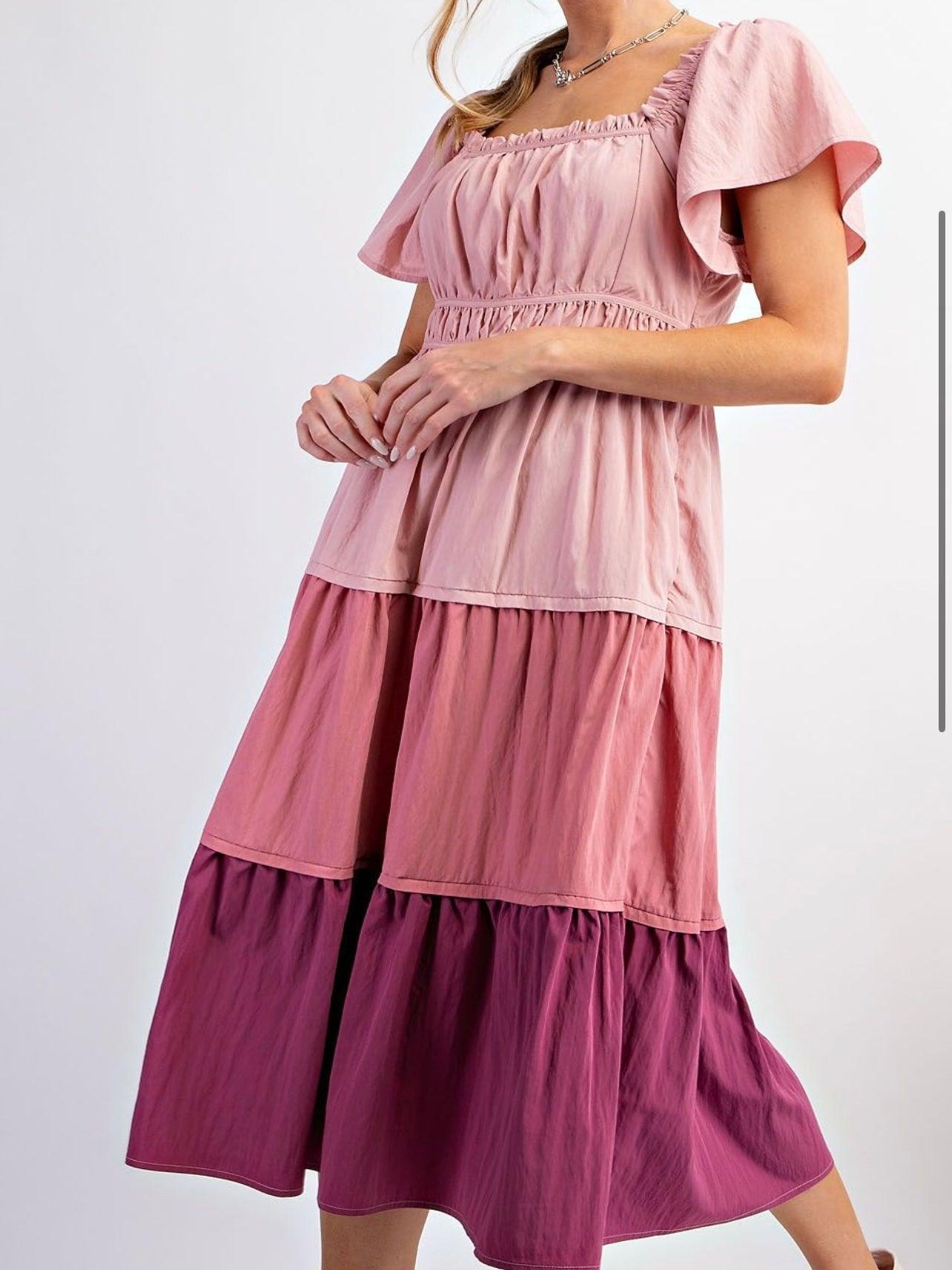 Short Sleeves Colour Mix Cotton Poplin Maxi Dress in Berry