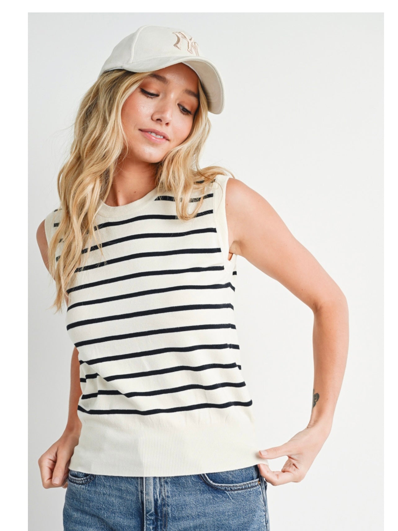 The Stephanie-Striped Muscle Knit Tank Top