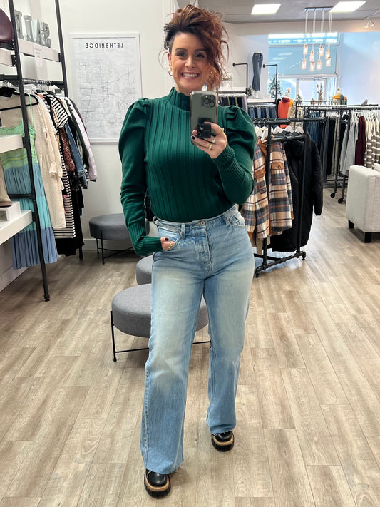 Mock Neck Puff Sleeved Knit Top in Hunter Green