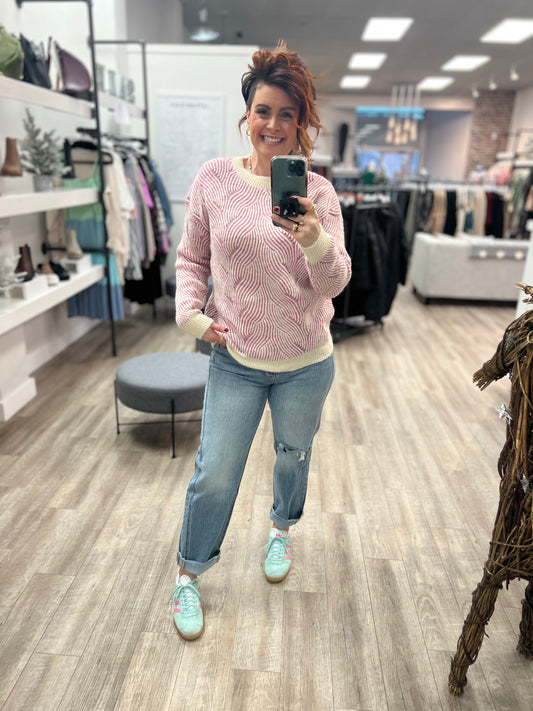 Crew Neck Geo Textured Knit Sweater in Pink