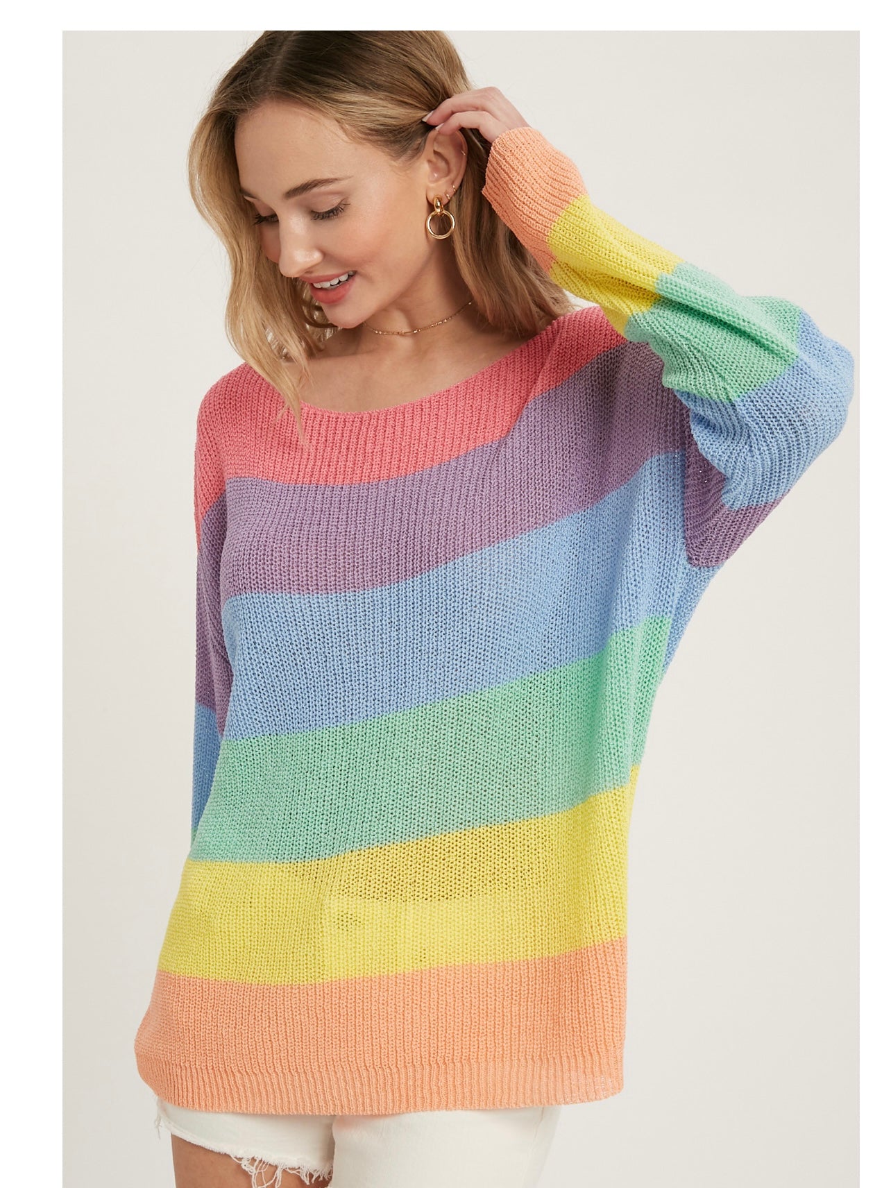 Color Blocked Boatneck Knit Top in Rainbow