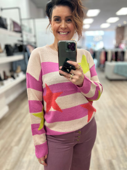 Colour Blocked Stripe Sweater in Rose Combo