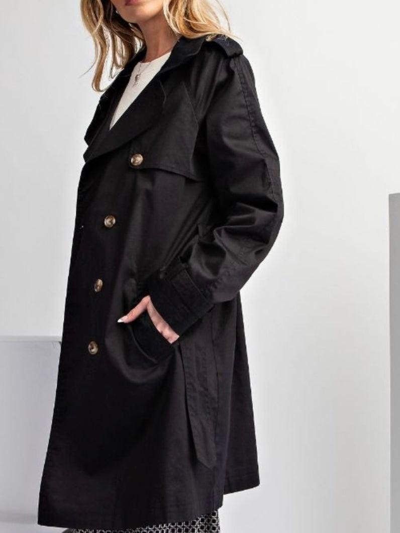 Belted Waist Classic Trench Coat in Black