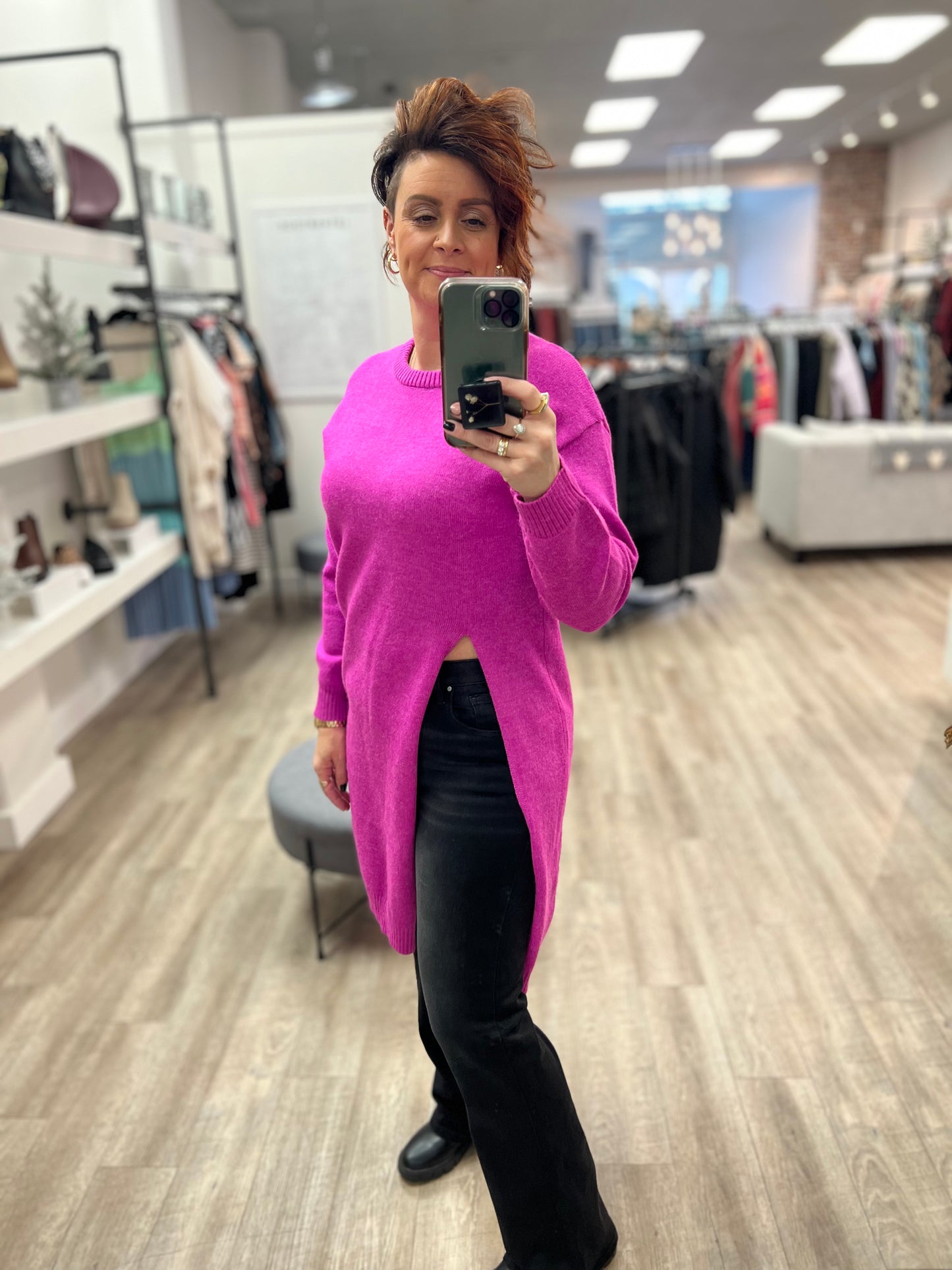 High Slit Longline Pullover in Hot Pink