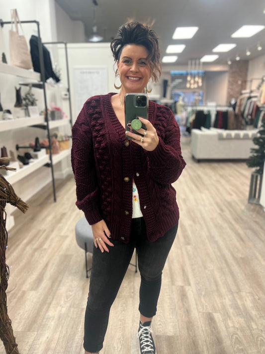 Burgundy Cable Knit Sweater Cardi
