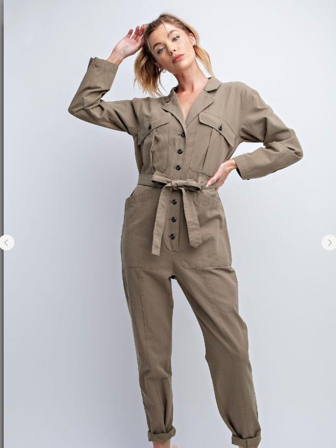 Button Down Jumpsuit in Faded Olive