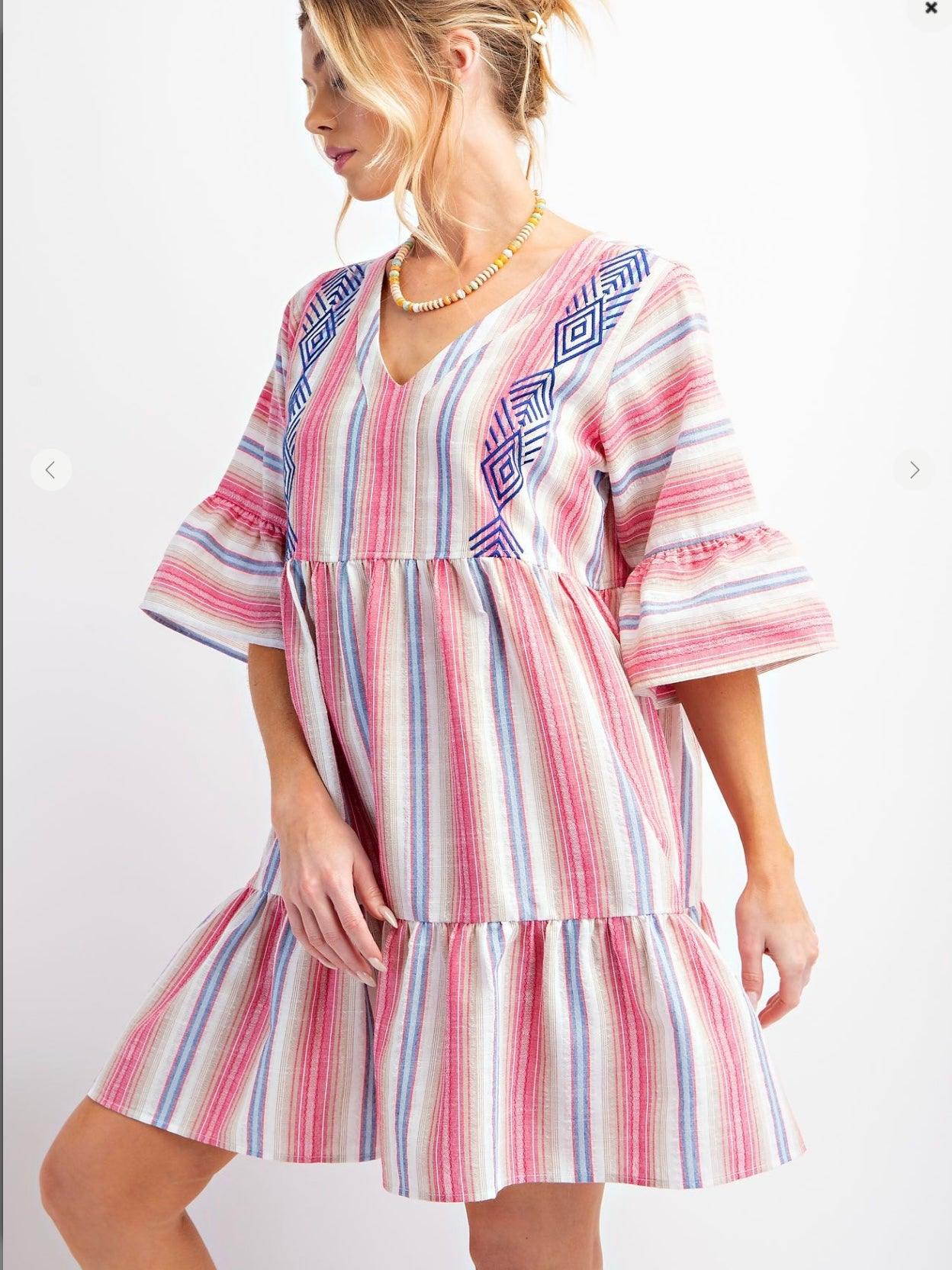 Striped Polly Linen Ruffle Bottom Dress