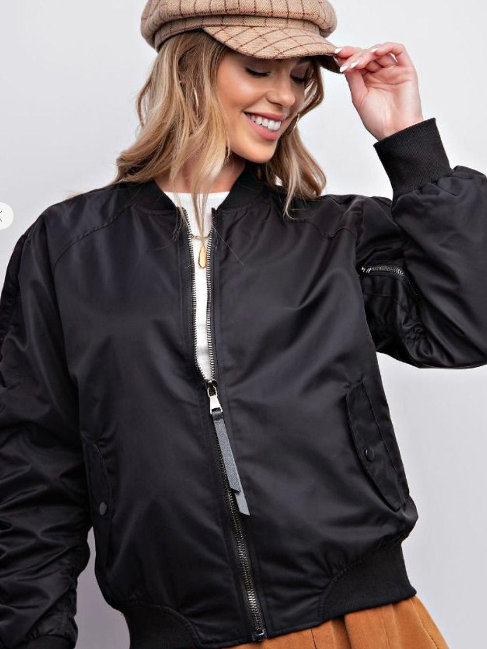 Parachute Zip Up Bomber Jacket in Black