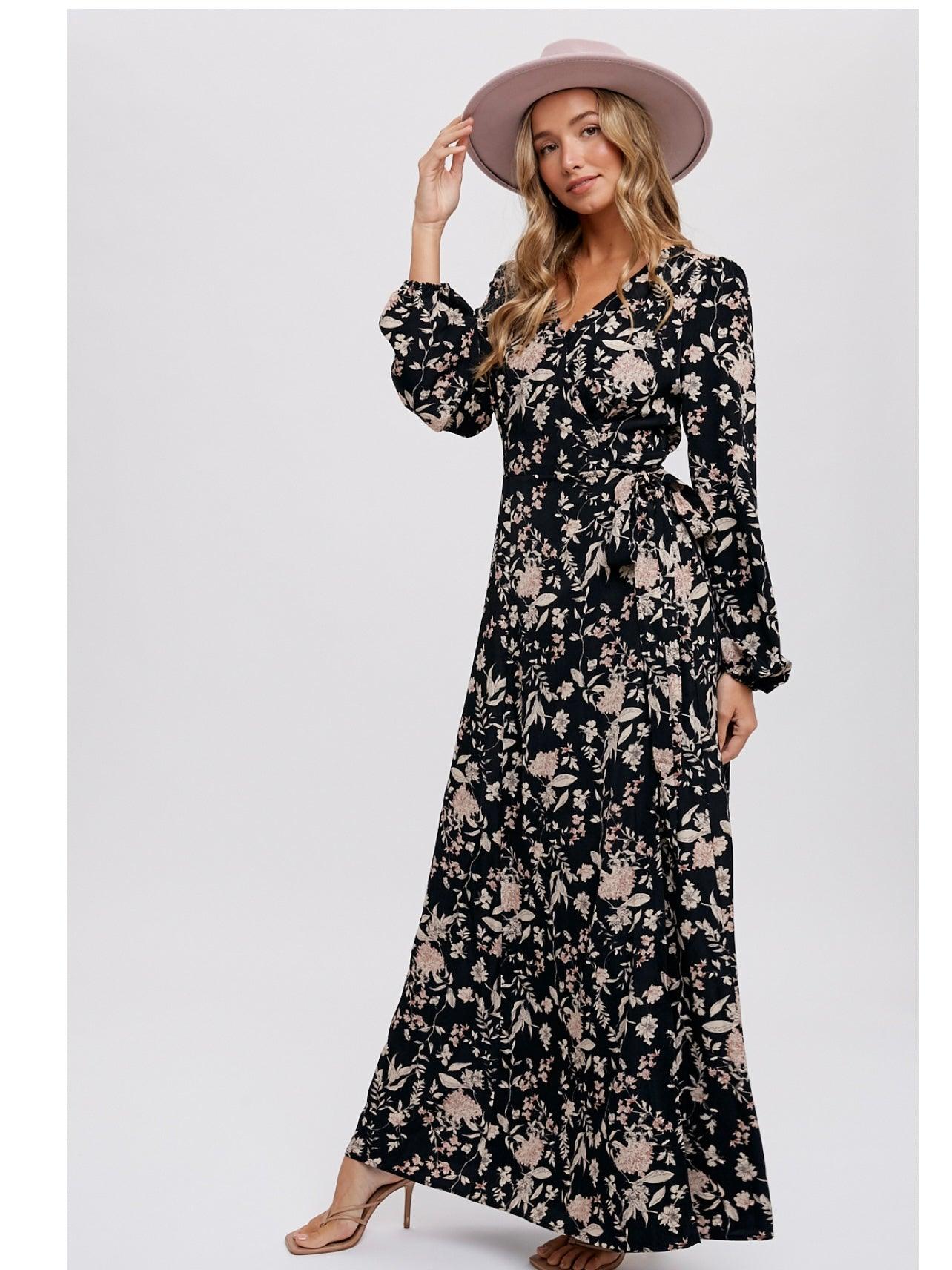 Floral Print Wrap Maxi Dress in Black