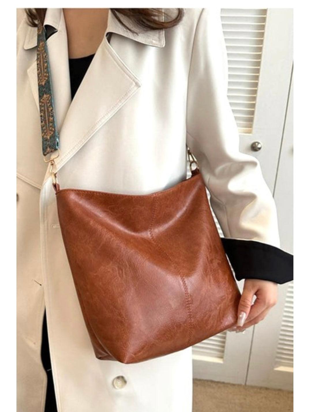 Retro Pattern Strap Vegan Leather Crossbody Shoulder Bag in Black, Camel or Beige