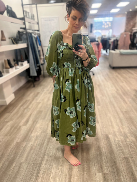 3/4 Sleeve Printed Cotton Dress in Sage Olive