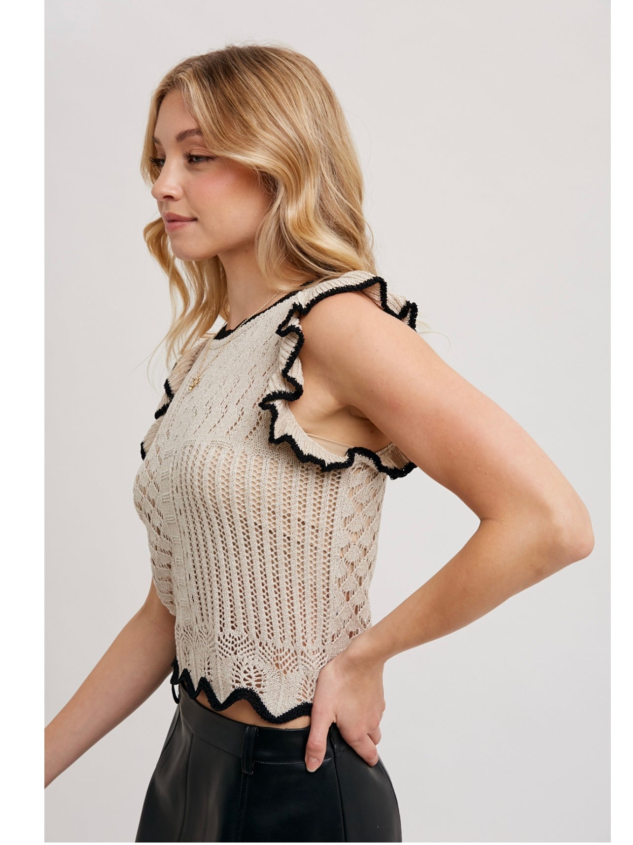 The Lori-Eyelet Contrast Knit Ruffled Scalloped Top in Oatmeal