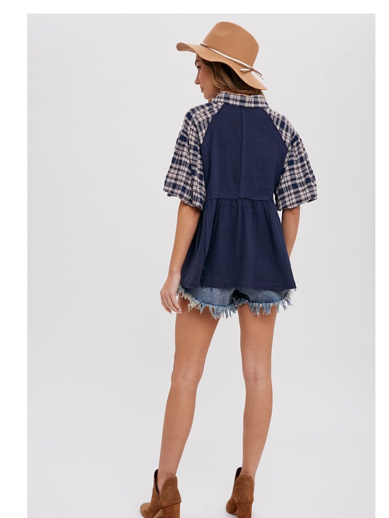 Babydoll Shirt with Puff Sleeves in Navy