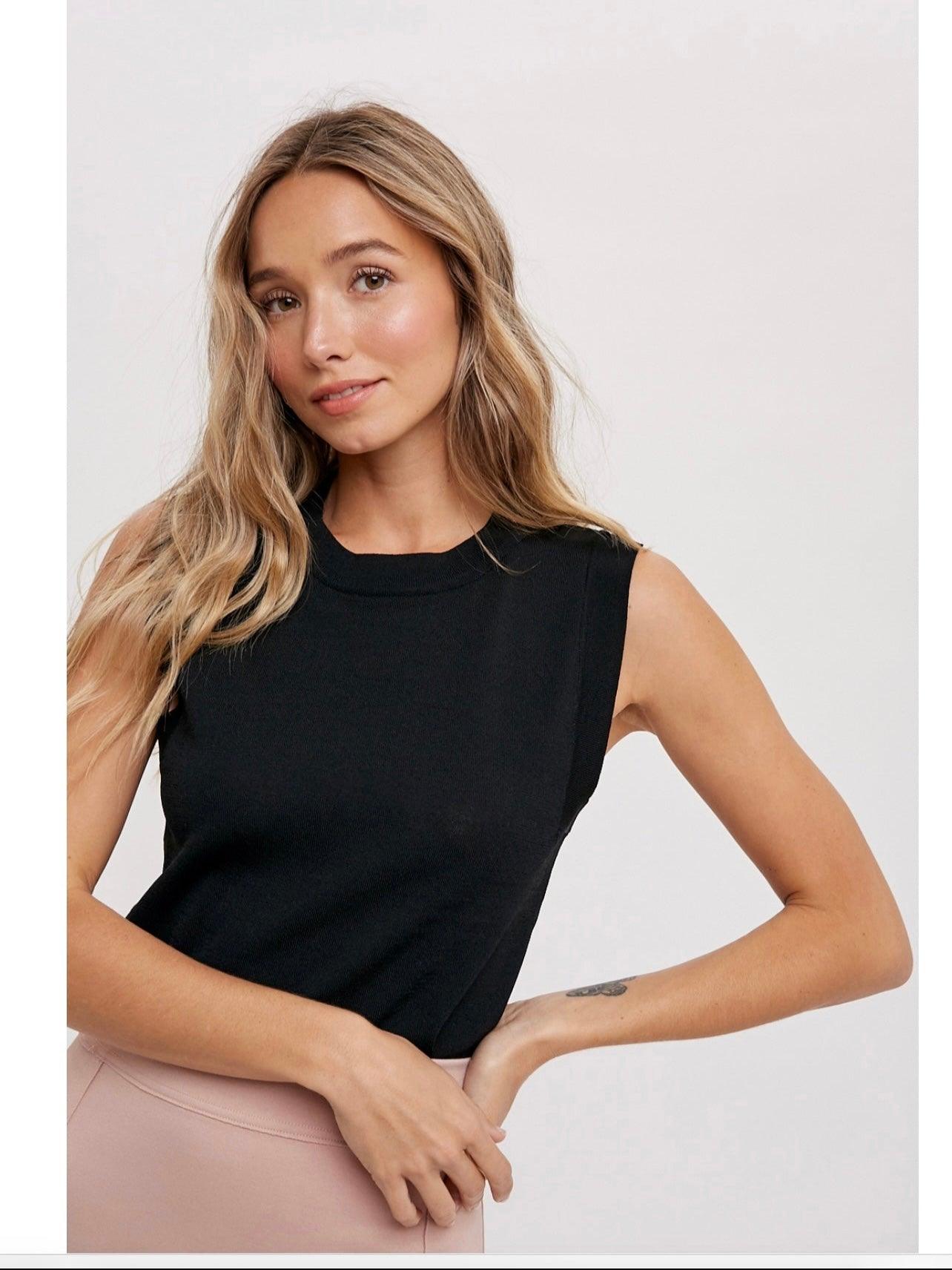 High Neck Sleeveless Knit Top in Black