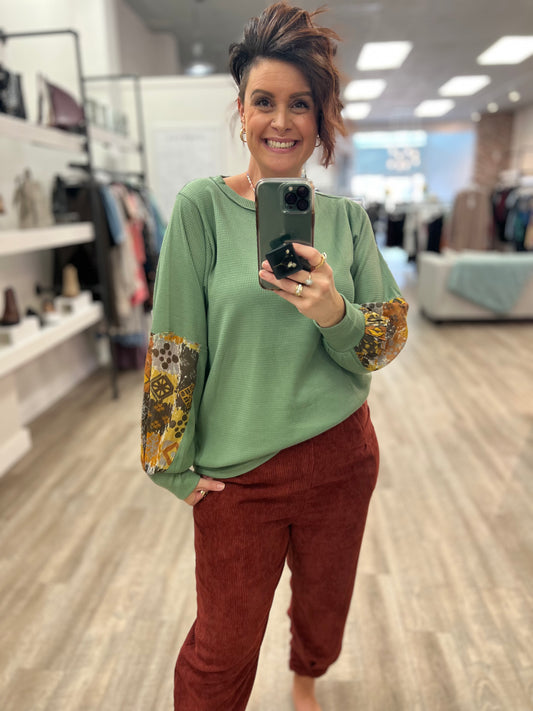 Mixed Print Sleeves Thermal Top in Moss